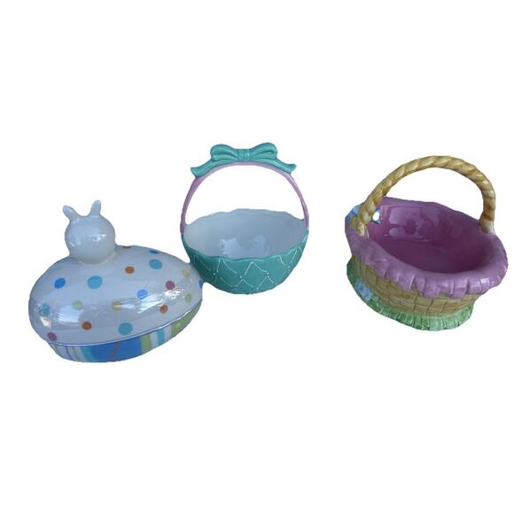 Lot of 3 Ceramic Easter Candy Dishes 2 Baskets and 1 Jelly Bean Lid Dish Bundle - Picture 15 of 16